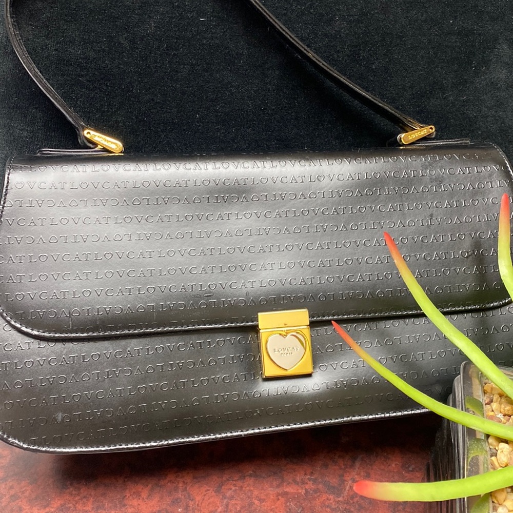 Lovcat Paris Gorgeous Vintage Rare Black Leather Logo Allover Bag Logo Lining